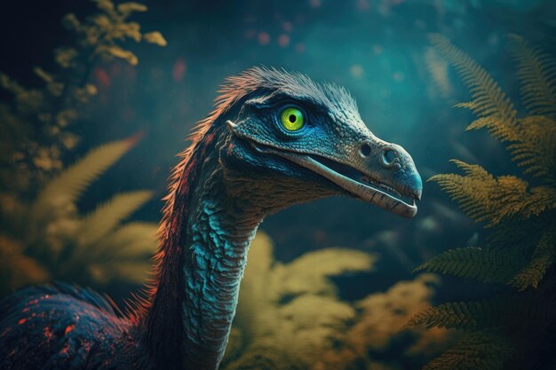 Photo dinosaure dangereux coloré oviraptor dans une nature préhistorique luxuriante par generative ai