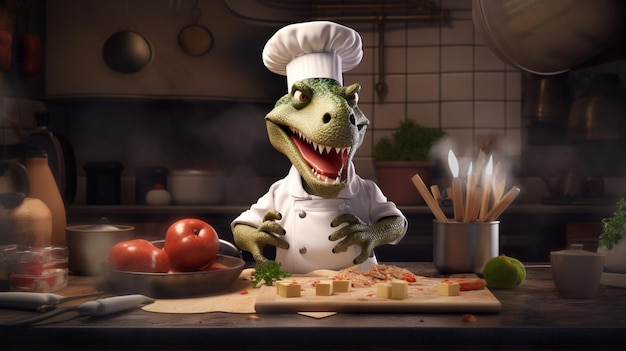 Un dinosaure dans un chapeau de chef cuisinant sur une table