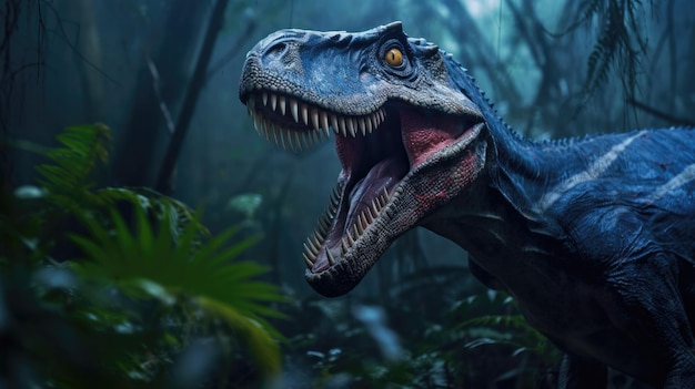 Un dinosaure dans la jungle avec un fond bleu