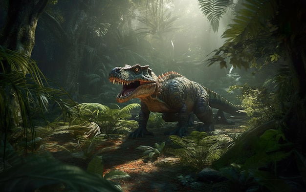 Un dinosaure dans la jungle avec un fond vert