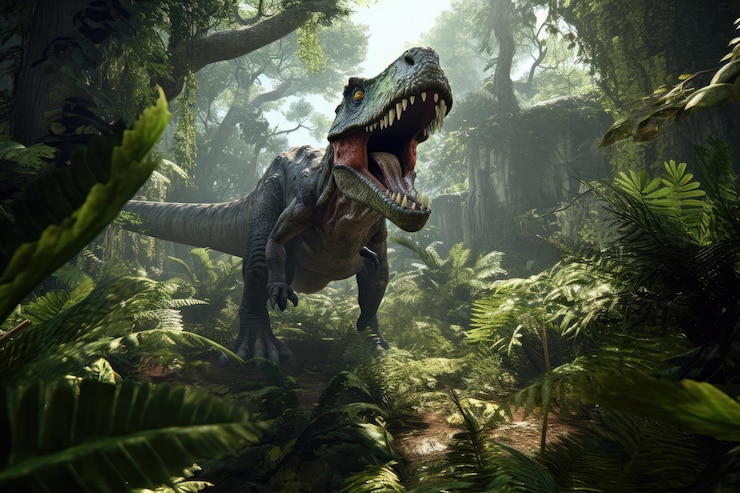 Photo un dinosaure dans la jungle avec un fond vert.