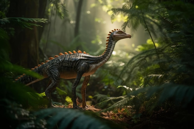 Un dinosaure dans la jungle avec le soleil qui brille dessus