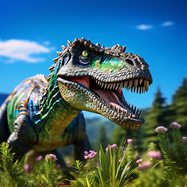 un dinosaure dans la prairie avec des fleurs et un ciel bleu