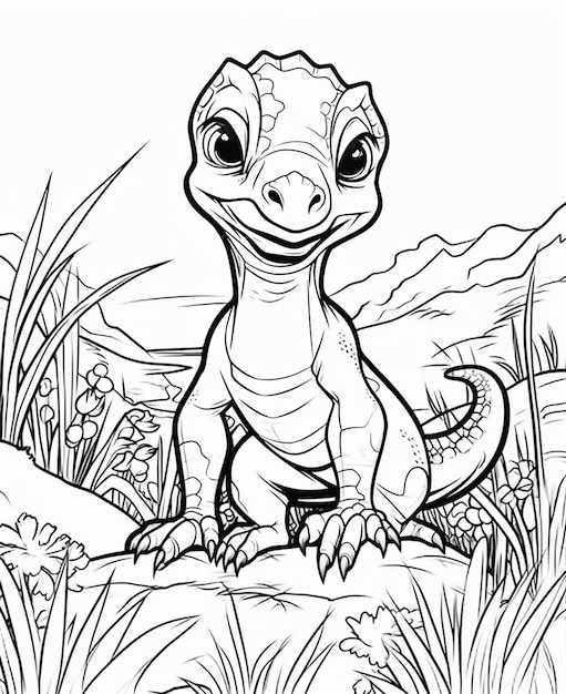 un dinosaure de dessin animé assis dans l'herbe avec des montagnes en arrière-plan ai générative