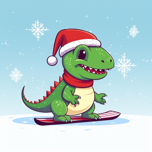 un dinosaure de dessin animé dans un chapeau de Père Noël sur une planche à neige