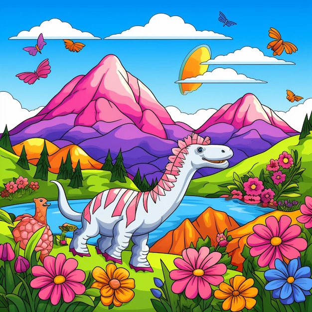 dinosaure de dessin animé dans les montagnes avec des fleurs et des papillons ai générative