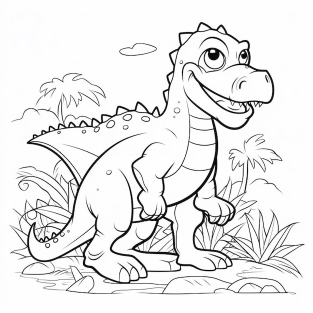 un dinosaure de dessin animé debout dans l'herbe avec un arbre en arrière-plan
