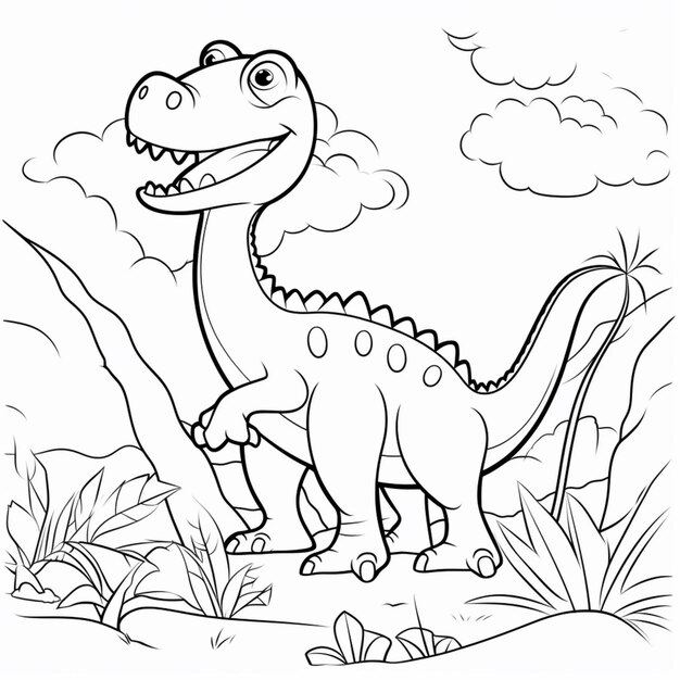 un dinosaure de dessin animé debout dans l'herbe avec un ciel nuageux derrière lui