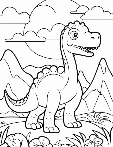 Photo un dinosaure de dessin animé debout dans l'herbe avec des montagnes en arrière-plan