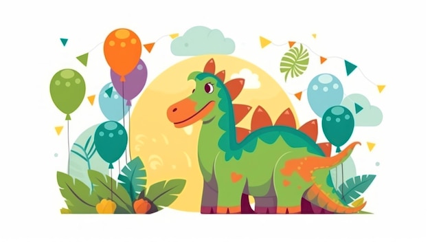 Un dinosaure de dessin animé avec un dinosaure vert sur le dos se tient devant un fond jaune.