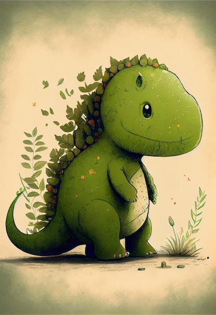 Un dinosaure de dessin animé avec un dinosaure vert sur la tête.