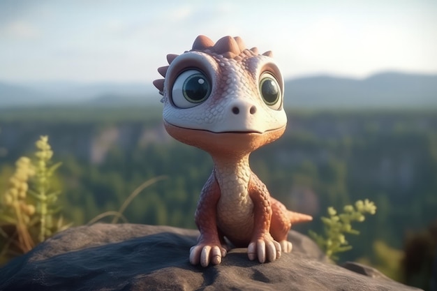 Photo dinosaure de dessin animé mignon avec de très grands yeux et un regard de pitié contre un rebord rocheux une vue magnifique
