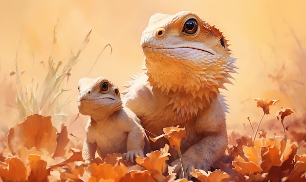 un dinosaure et un dinosaure sont dans les feuilles d'automne