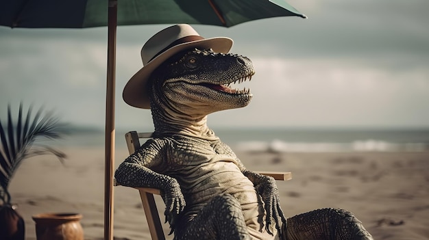 Photo un dinosaure est assis sur une plage sous un parapluie