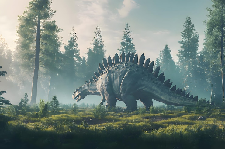 Photo le dinosaure est dans la forêt avec des arbres en arrière-plan.