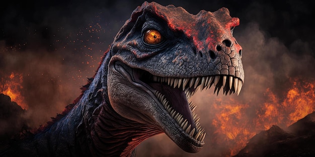Un dinosaure avec un feu brûlant en arrière-plan