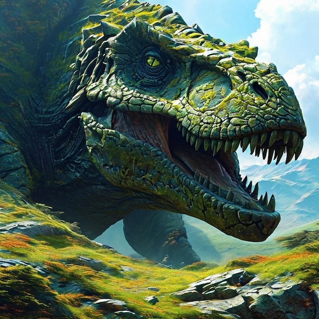 Dinosaure sur le fond des montagnes