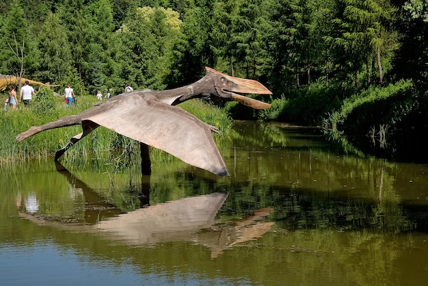 Un dinosaure avec une grande aile est dans l'eau à côté d'un lac.