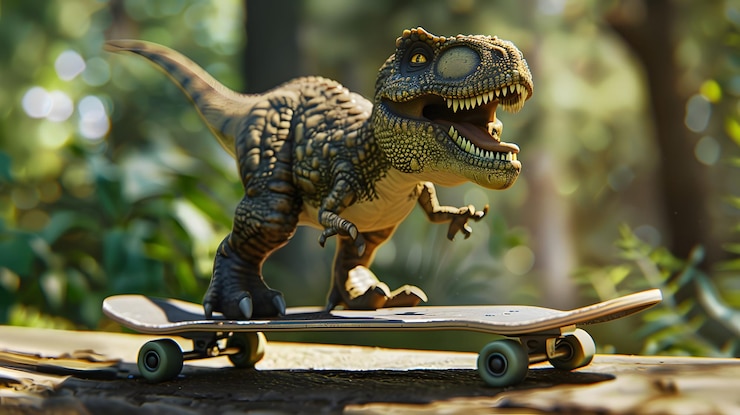 Photo un dinosaure avec une grande bouche est sur un skateboard