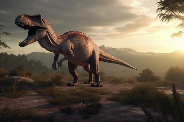 Un dinosaure avec une grande bouche et un gros t-rex sur le dos.