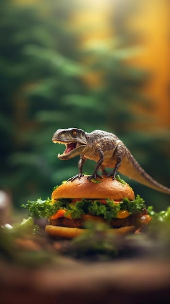 Un dinosaure sur un hamburger avec le mot vélociraptor dessus