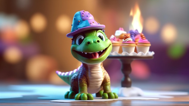 Un dinosaure jouet avec un support à cupcakes à côté