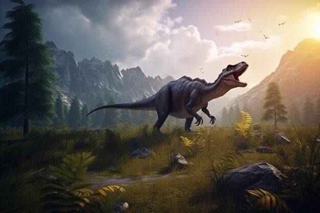 Un dinosaure marche dans un champ avec des montagnes en arrière-plan.