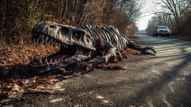 un dinosaure mort est sur le bord de la route.