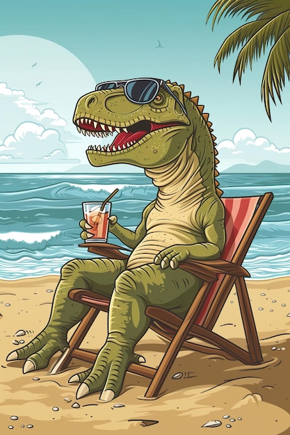 Photo un dinosaure sur une plage avec une boisson et un verre de jus