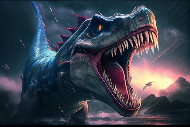 Un dinosaure avec une queue bleue et un œil rouge hurle.