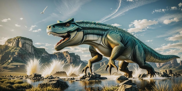 Le dinosaure rugit férocement dans le paysage préhistorique