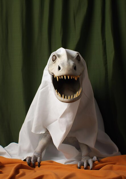 Dinosaure se cachant sous un drap pour Halloween