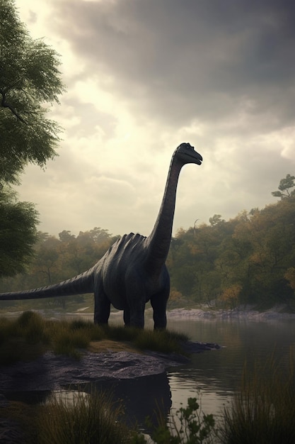 Un dinosaure se dresse dans une forêt avec un ciel nuageux en arrière-plan.