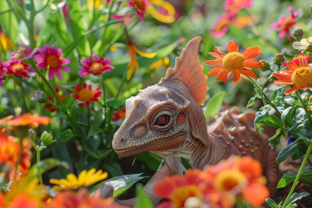 Un dinosaure se tient dans un champ de fleurs.