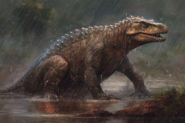 Un dinosaure sous la pluie avec une grosse tête qui dit 'le crocodile'