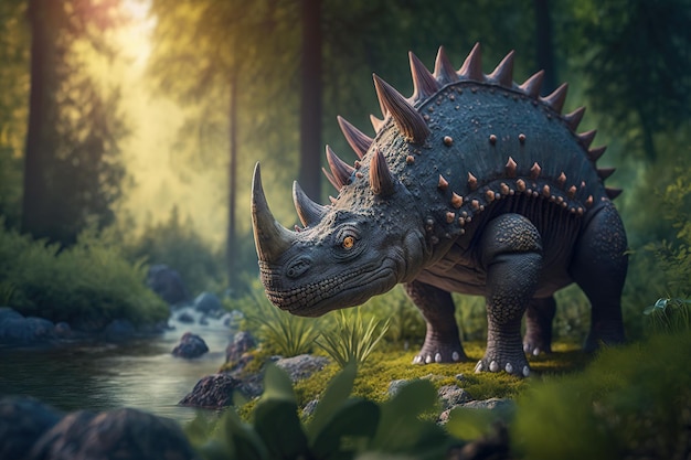 Dinosaure Stegosaurus dans une prairie luxuriante entourée de grands arbres Generative AI