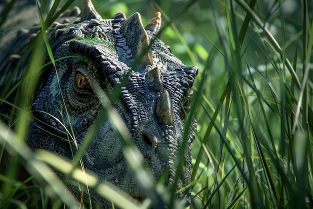 Un dinosaure surgit de l'herbe.