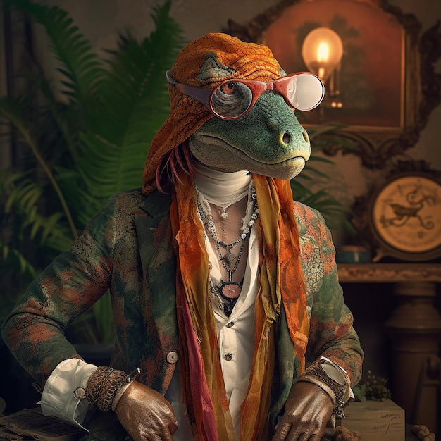 dinosaure en tenue hippie médiévale bohème bohème avec perles surréaliste