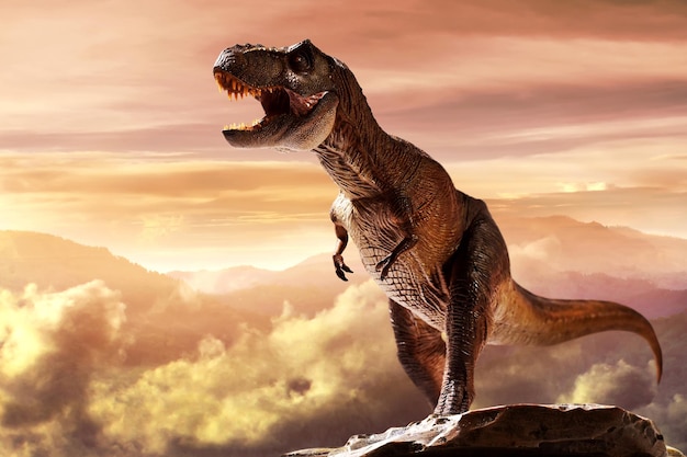 Le dinosaure tyrannosaurus rex au sommet de la montagne