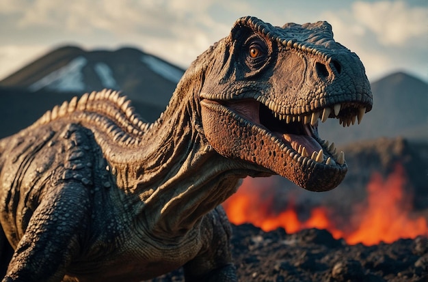 Les dinosaures dans le paysage volcanique