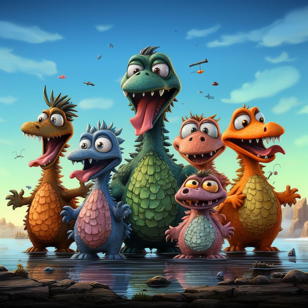 Des dinosaures dans le style des dessins animés de Pixar Loony Tunes HD Art sur fond blanc