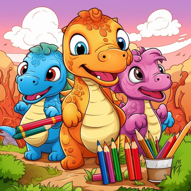 dinosaures de dessin animé avec des crayons de couleur et un seau de peinture ai générative