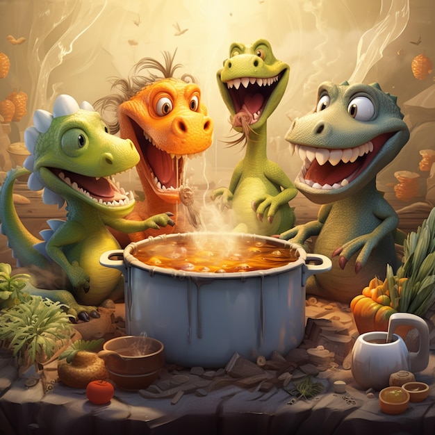 dinosaures de dessin animé cuisinant un pot de soupe dans une forêt ai générative
