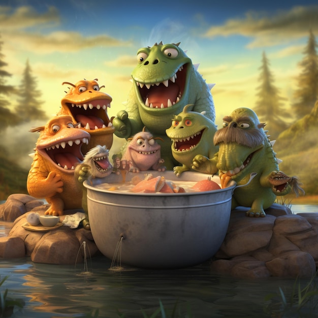 des dinosaures de dessins animés se baignent dans une grande baignoire en métal avec un fond de montagne ai générative
