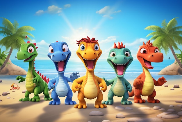 Les dinosaures de dessins animés sont sur la plage dans le style de décors de scène vibrants