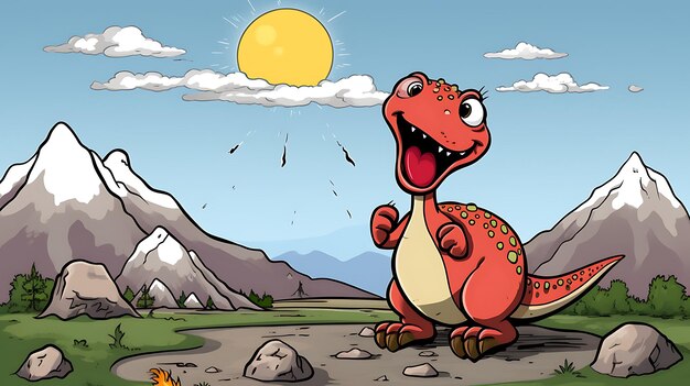 Photo dinosaures mignons dans le vieux style de dessin animé jouent avec l'art vectoriel du volcan doddle