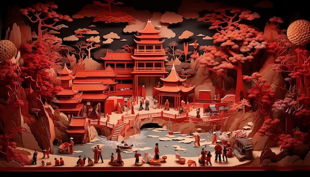 Diorama d'art en papier en couches du Nouvel An chinois généré par l'intelligence artificielle