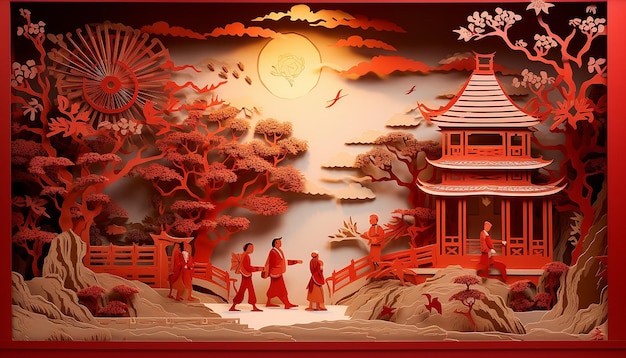 Diorama d'art en papier en couches du Nouvel An chinois généré par l'intelligence artificielle