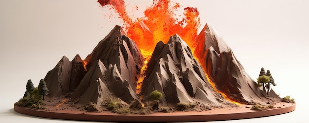 Photo diorama de dessin animé représentant l'éruption d'un volcan