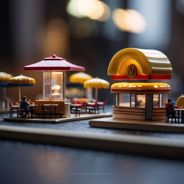 Diorama magasin de restauration rapide homme mangeant un burger frites restaurant intérieur micro-photographie miniature